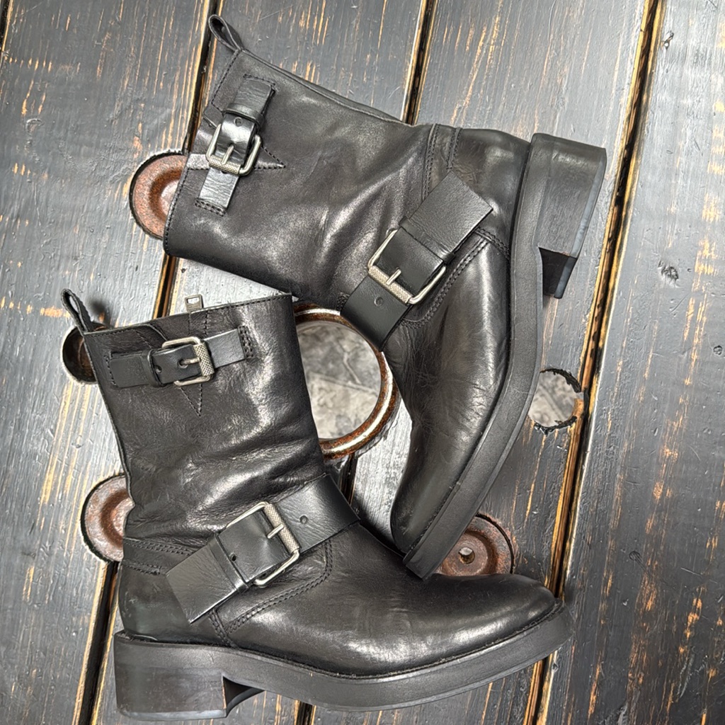 Allsaints Black Leather Buckle Boots